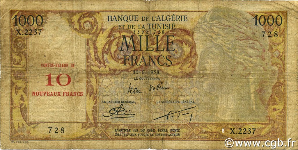 10 NF sur 1000 Francs ALGERIA  1958 P.112 G