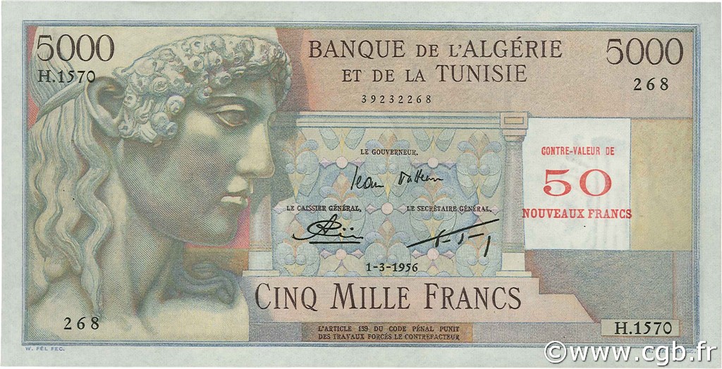 50 NF sur 5000 Francs ALGÉRIE  1956 P.113 SPL
