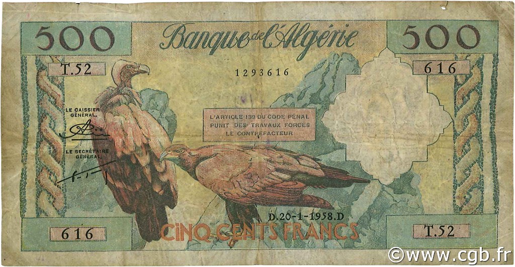 500 Francs ALGERIEN  1958 P.117 fS