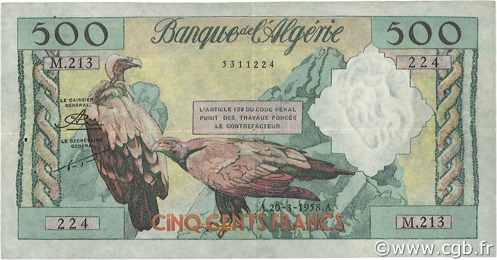 500 Francs ALGERIEN  1958 P.117 SS