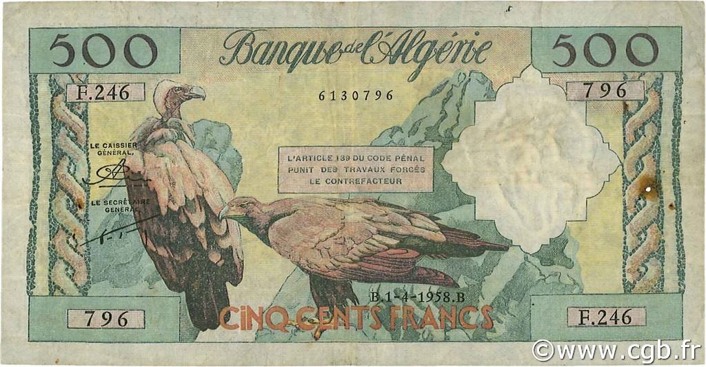 500 Francs ALGERIA  1958 P.117 F