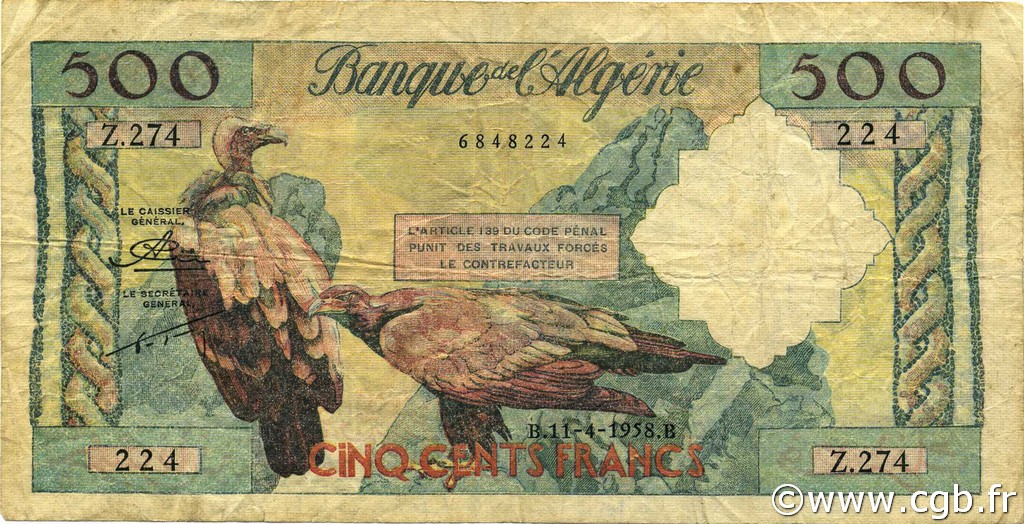 500 Francs ALGÉRIE  1958 P.117 TB+