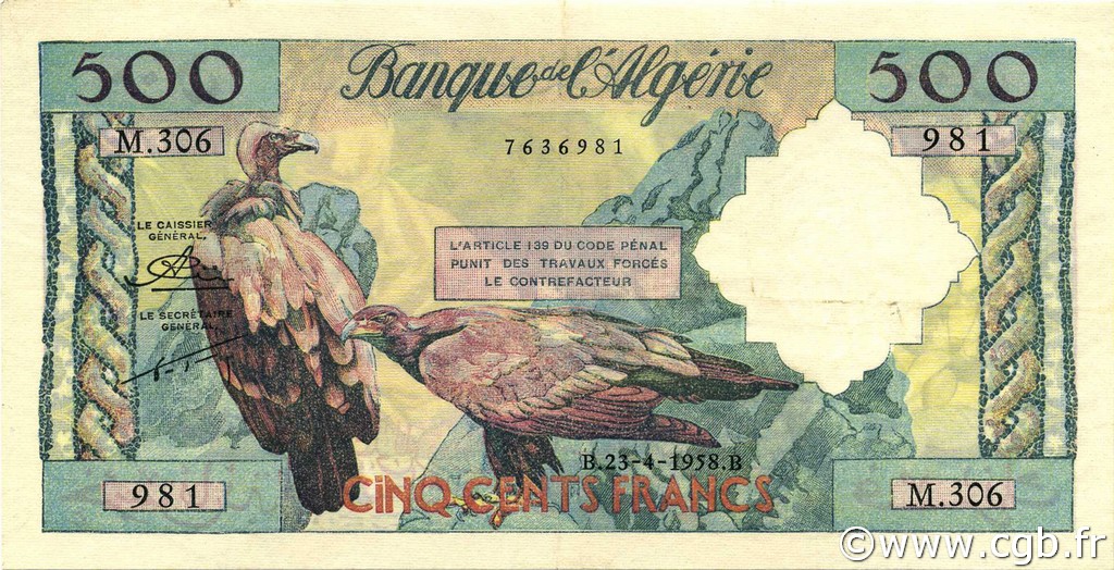 500 Francs ALGERIEN  1958 P.117 fVZ