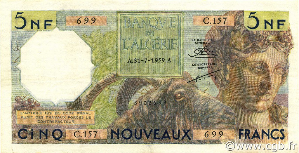 5 Nouveaux Francs ALGÉRIE  1959 P.118a TTB+