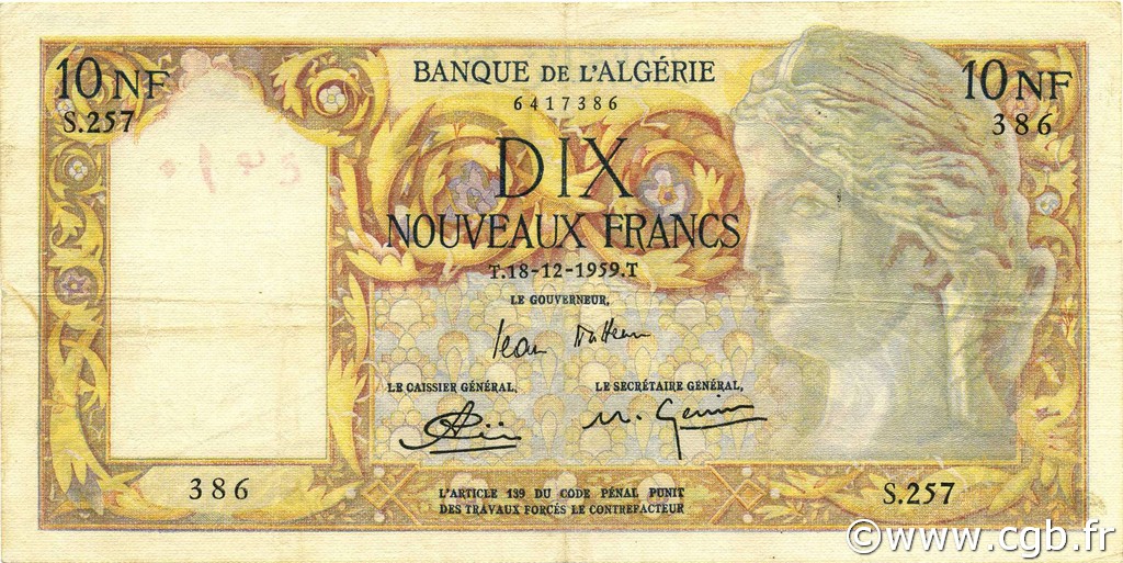 10 Nouveaux Francs ALGERIA  1959 P.119a F+