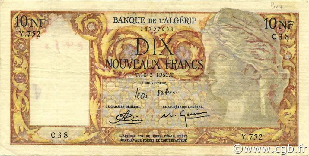 10 Nouveaux Francs ARGELIA  1961 P.119a MBC+