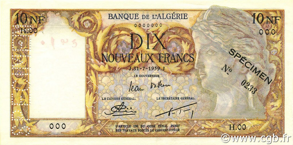 10 Nouveaux Francs ARGELIA  1959 P.119s EBC+