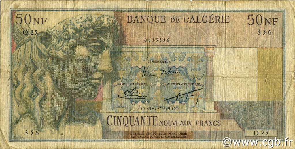 50 Nouveaux Francs ALGERIA  1959 P.120a VG