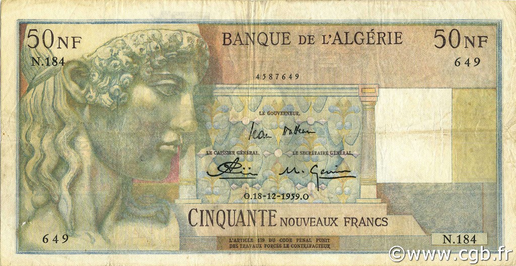 50 Nouveaux Francs ALGERIA  1959 P.120a q.BB
