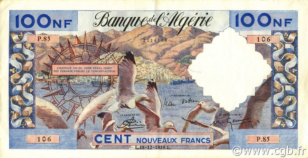 100 Nouveaux Francs ALGERIA  1959 P.121a VF+