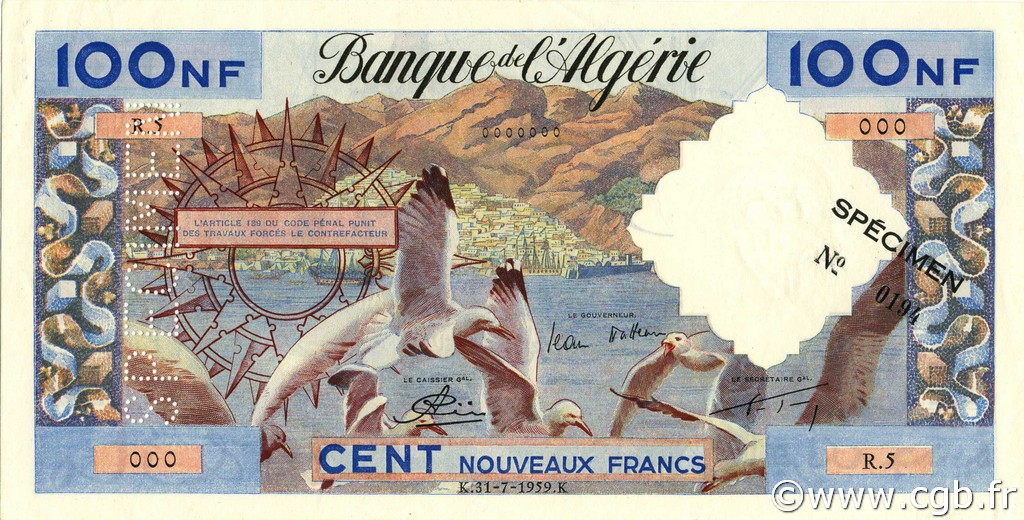 100 Nouveaux Francs ALGERIA  1959 P.121s UNC-