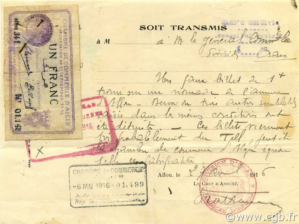 1 Franc ALGERIA Alger 1914 JP.137.01 VF