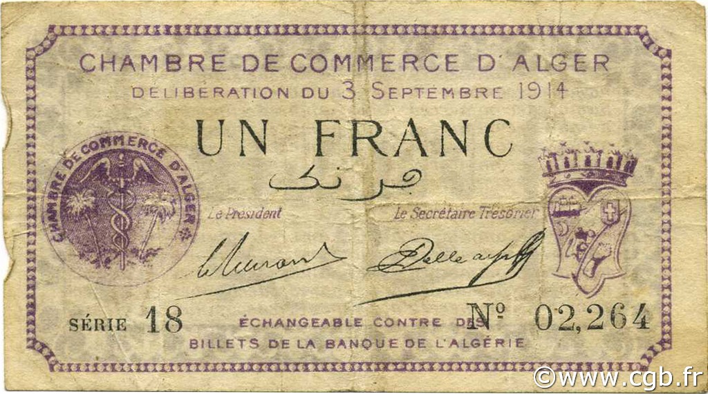 1 Franc ALGERIA Alger 1914 JP.137.01 VF
