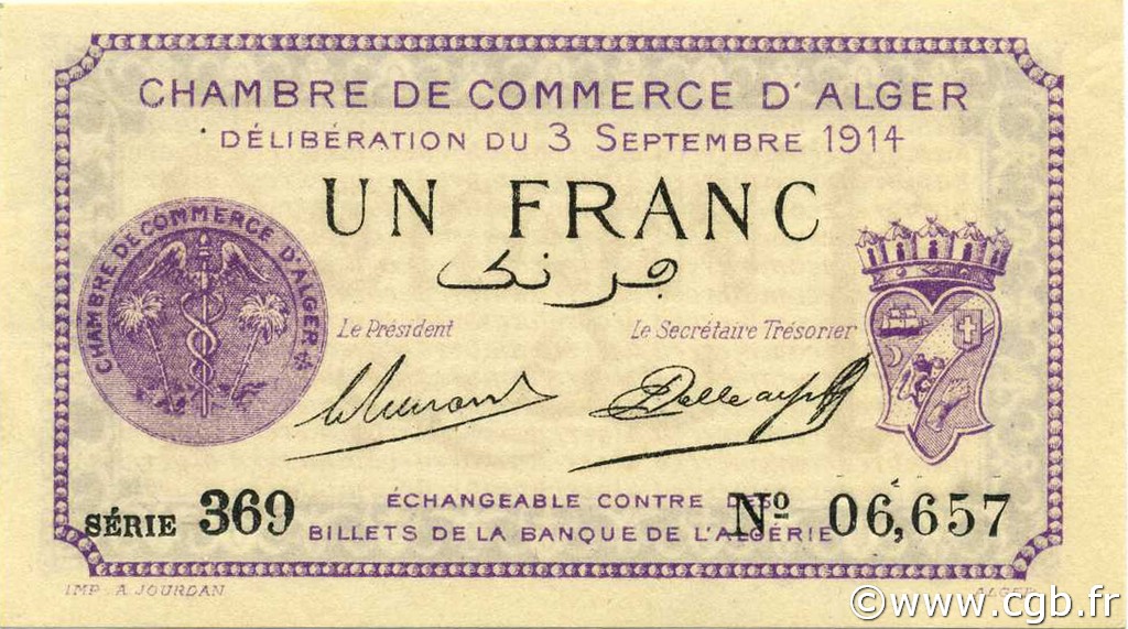 1 Franc ALGERIA Alger 1914 JP.137.01 UNC