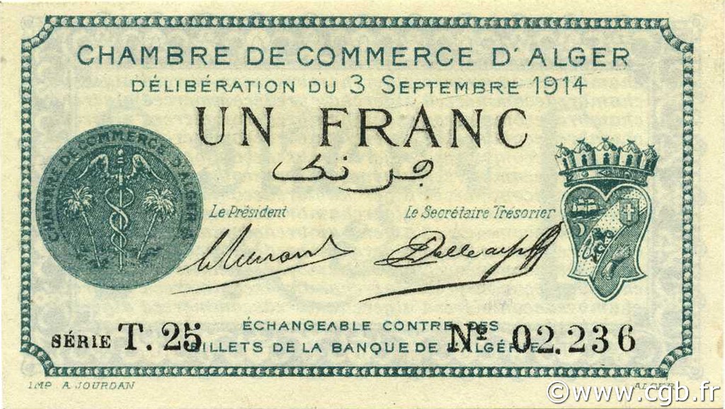 1 Franc ALGERIA Alger 1914 JP.137.03 FDC