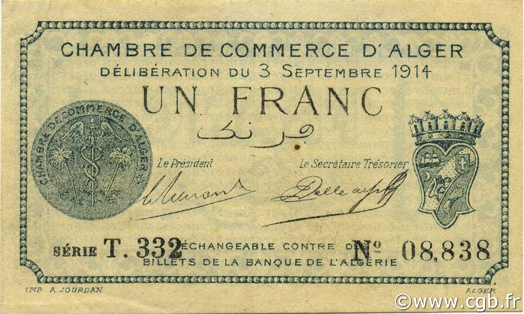 1 Franc ALGERIA Alger 1914 JP.137.03 XF