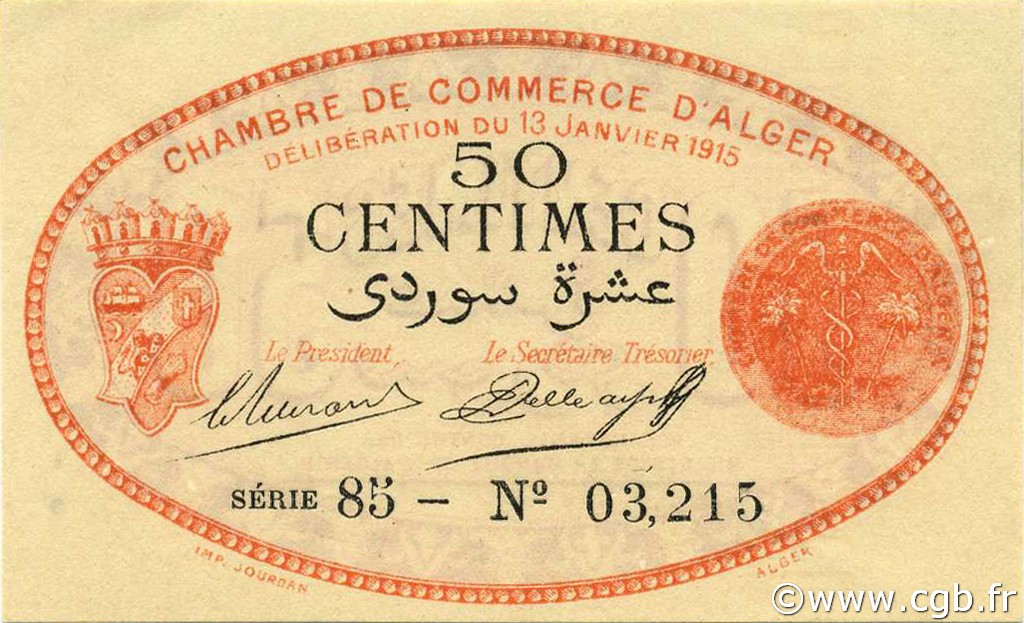 50 Centimes ALGERIA Alger 1915 JP.137.05 UNC-