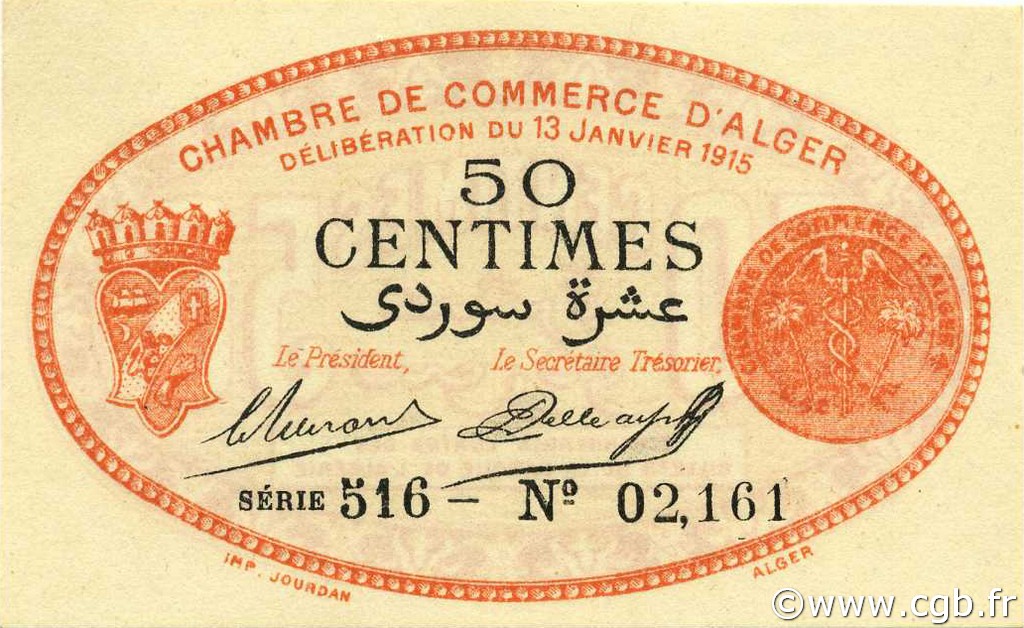50 Centimes ALGERIA Alger 1915 JP.137.05 UNC