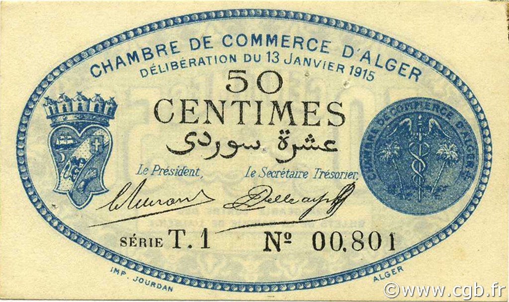 50 Centimes ALGERIA Alger 1915 JP.137.08 XF+