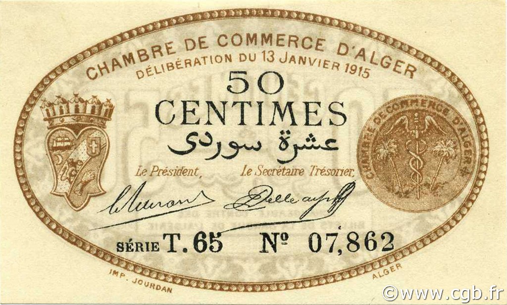 50 Centimes ALGERIA Alger 1915 JP.137.09 XF+