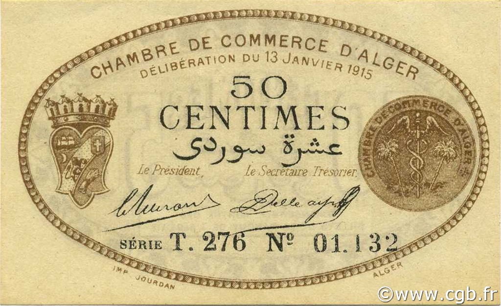 50 Centimes ALGERIA Alger 1915 JP.137.09 FDC