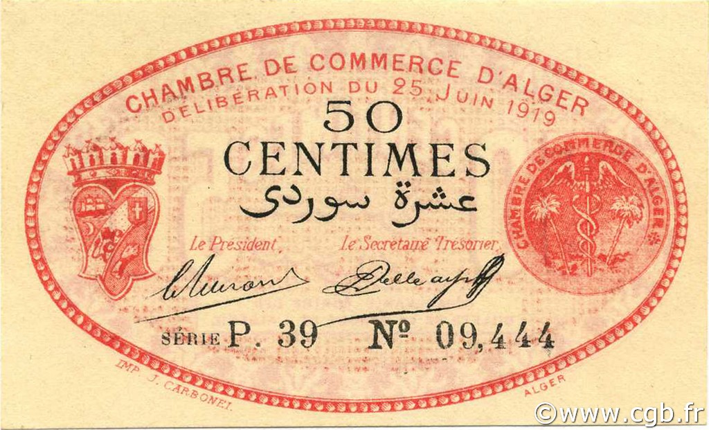 50 Centimes ALGERIA Alger 1919 JP.137.11 UNC-