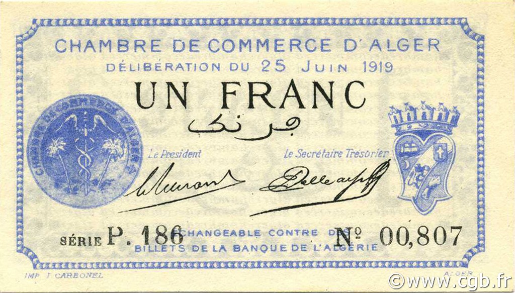 1 Franc ARGELIA Alger 1919 JP.137.12 FDC