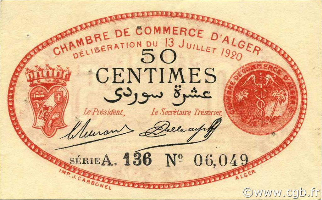 50 Centimes ALGERIA Alger 1920 JP.137.16 SPL