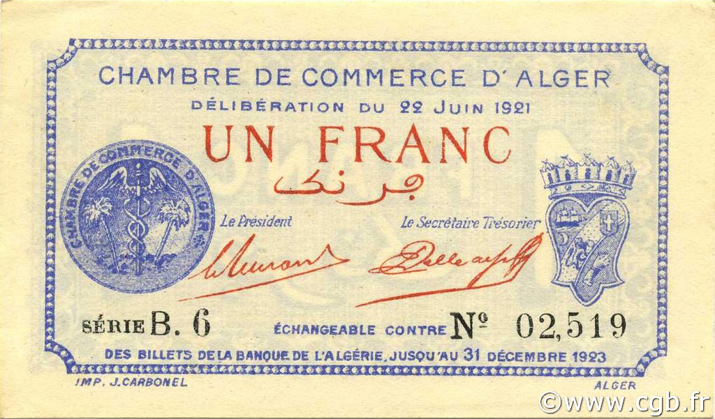 1 Franc ARGELIA Alger 1921 JP.137.18 FDC