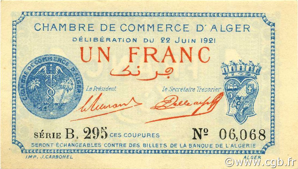 1 Franc ALGÉRIE Alger 1921 JP.137.20 SUP à SPL