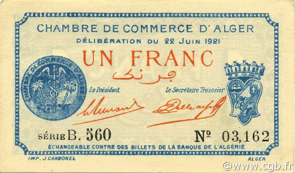 1 Franc ALGERIA Alger 1921 JP.137.22 UNC