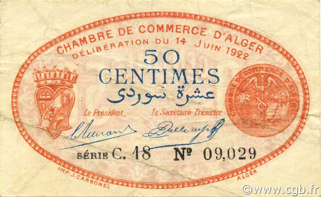 50 Centimes ALGERIA Alger 1922 JP.137.23 BB
