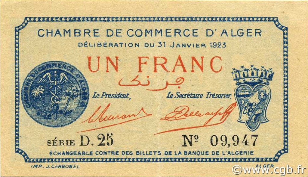 1 Franc ALGERIA Alger 1923 JP.137.26 AU