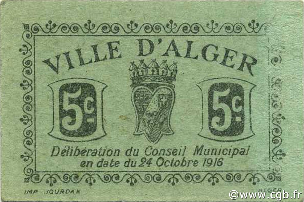 5 Centimes ALGERIA Alger 1916 JPCV.01 AU