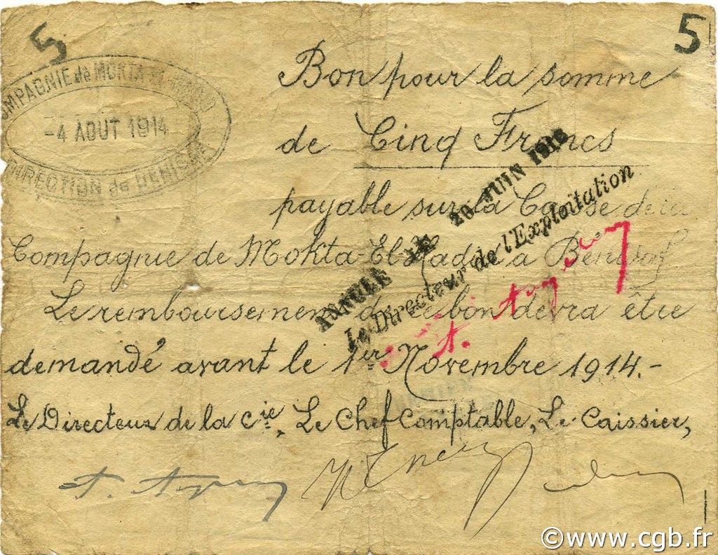 5 Francs ARGELIA Bénisaf 1914 JPCV.04 BC+