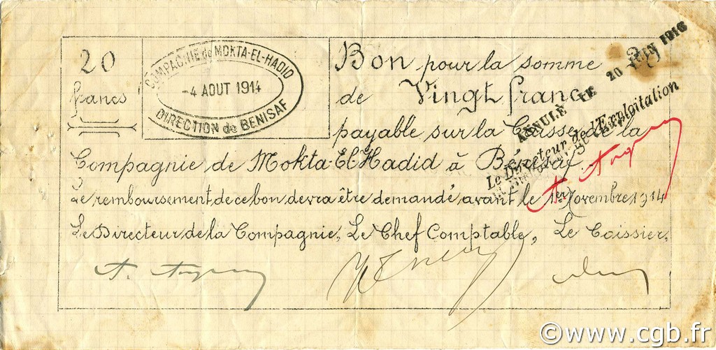 20 Francs ALGÉRIE Bénisaf 1914 JPCV.05 TTB
