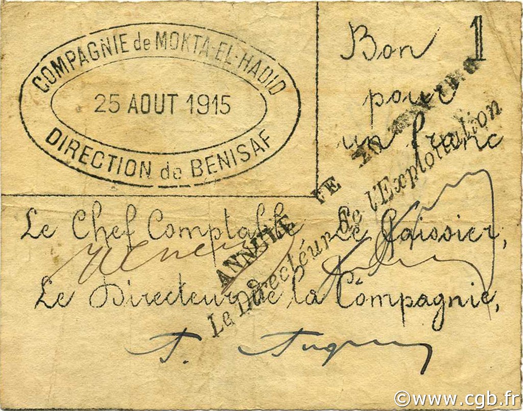 1 Franc ALGERIA Bénisaf 1915 JPCV.12 q.BB