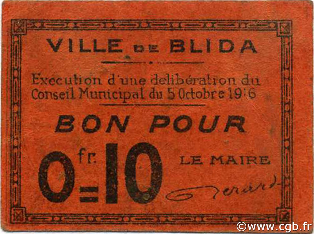 10 Centimes ALGÉRIE Blida 1916 JPCV.02 TTB+