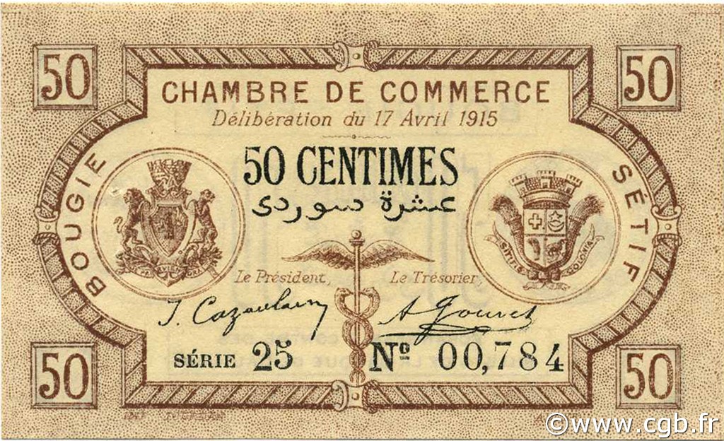 50 Centimes ARGELIA Bougie - Sétif 1915 JP.139.01 SC