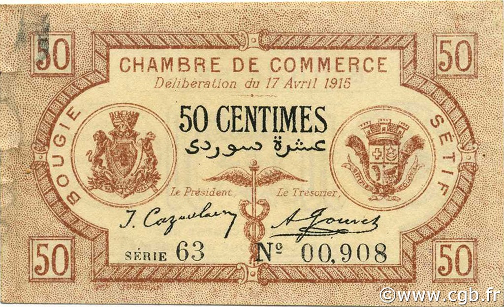50 Centimes ALGERIEN Bougie - Sétif 1915 JP.139.01 fST