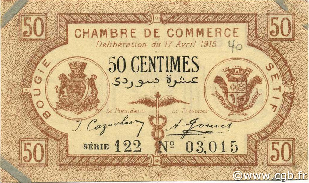 50 Centimes ALGERIEN Bougie - Sétif 1915 JP.139.01 VZ+