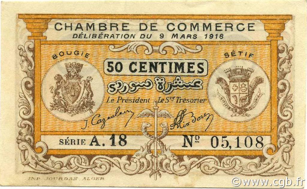 50 Centimes ALGERIEN Bougie - Sétif 1918 JP.139.03 fST