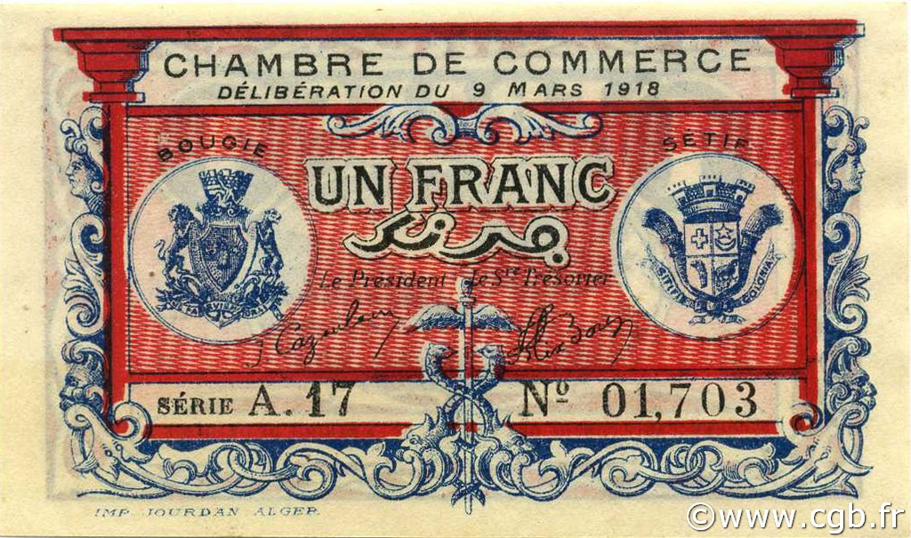 1 Franc ARGELIA Bougie - Sétif 1918 JP.139.06 FDC