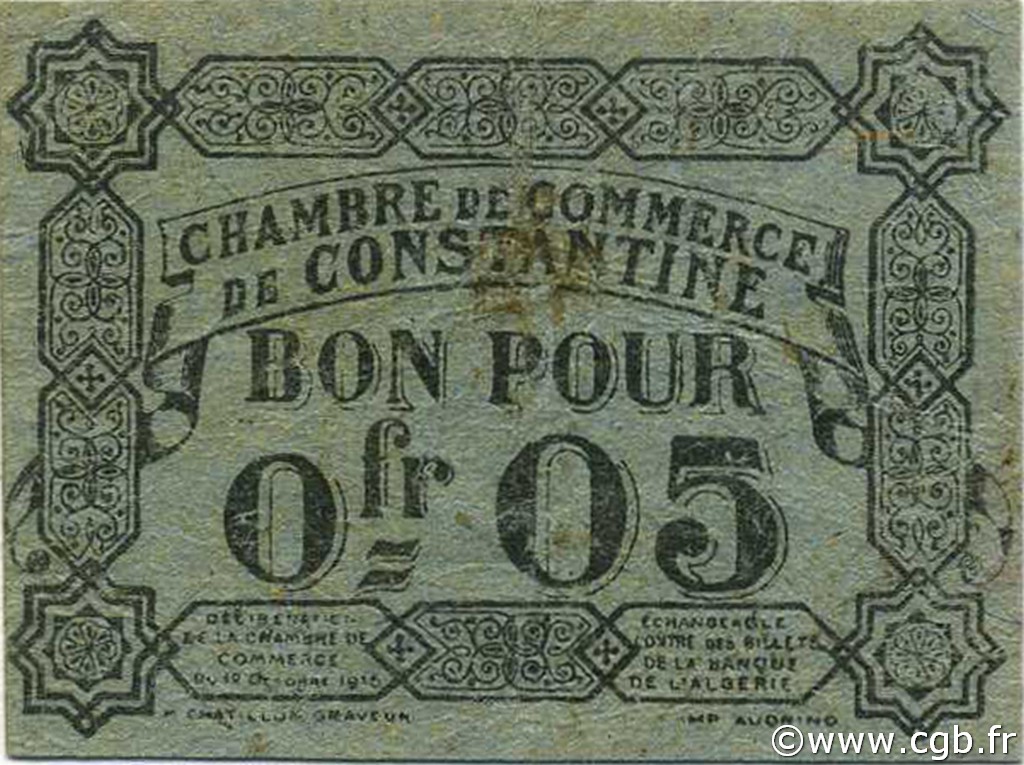 5 Centimes ALGERIEN Constantine 1915 JP.046 fVZ