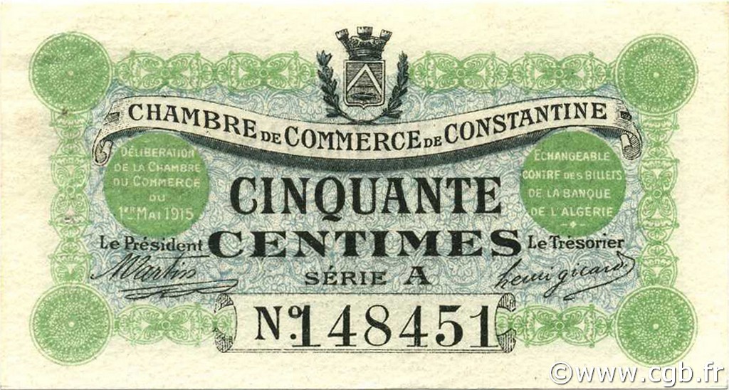 50 Centimes ALGÉRIE Constantine 1915 JP.140.01 SUP+