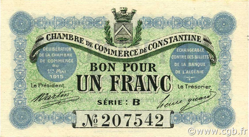 1 Franc ALGERIA Constantine 1915 JP.140.04 FDC