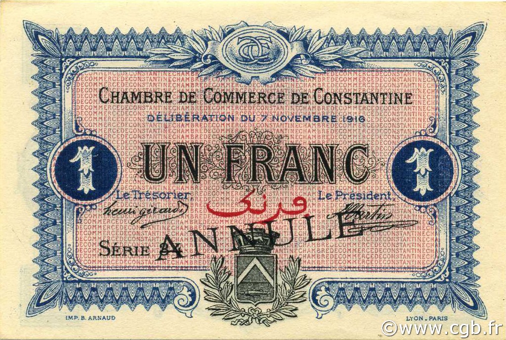1 Franc ALGERIA Constantine 1916 JP.140.11 FDC