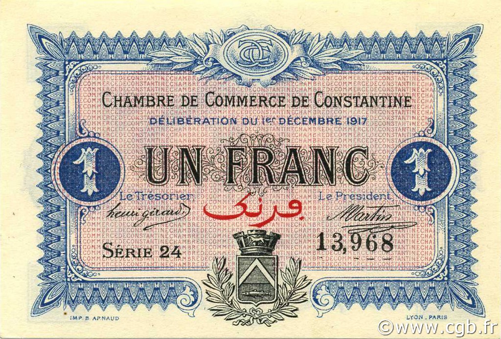 1 Franc ALGERIA Constantine 1917 JP.140.15 FDC