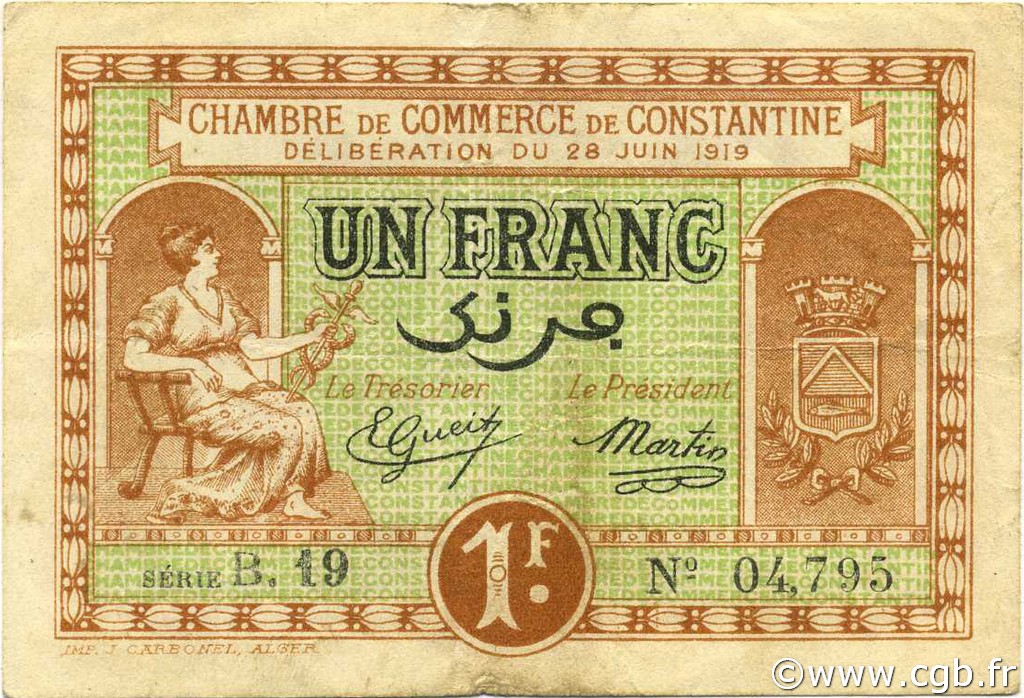 1 Franc ARGELIA Constantine 1919 JP.140.20 MBC
