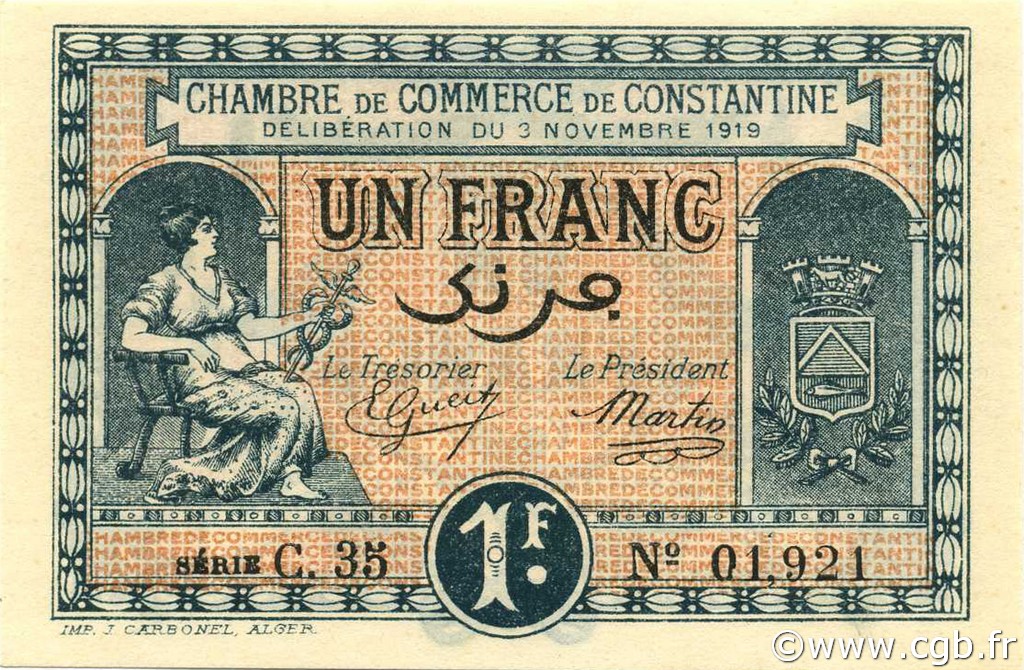 1 Franc ALGERIA Constantine 1919 JP.140.22 FDC